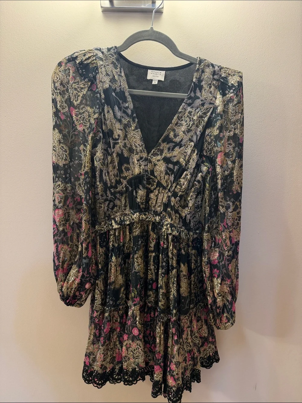 HEMANT & NANDITA Black Mini Dress with Gold Metallic Floral and Pink Accents - Picture 1 of 2